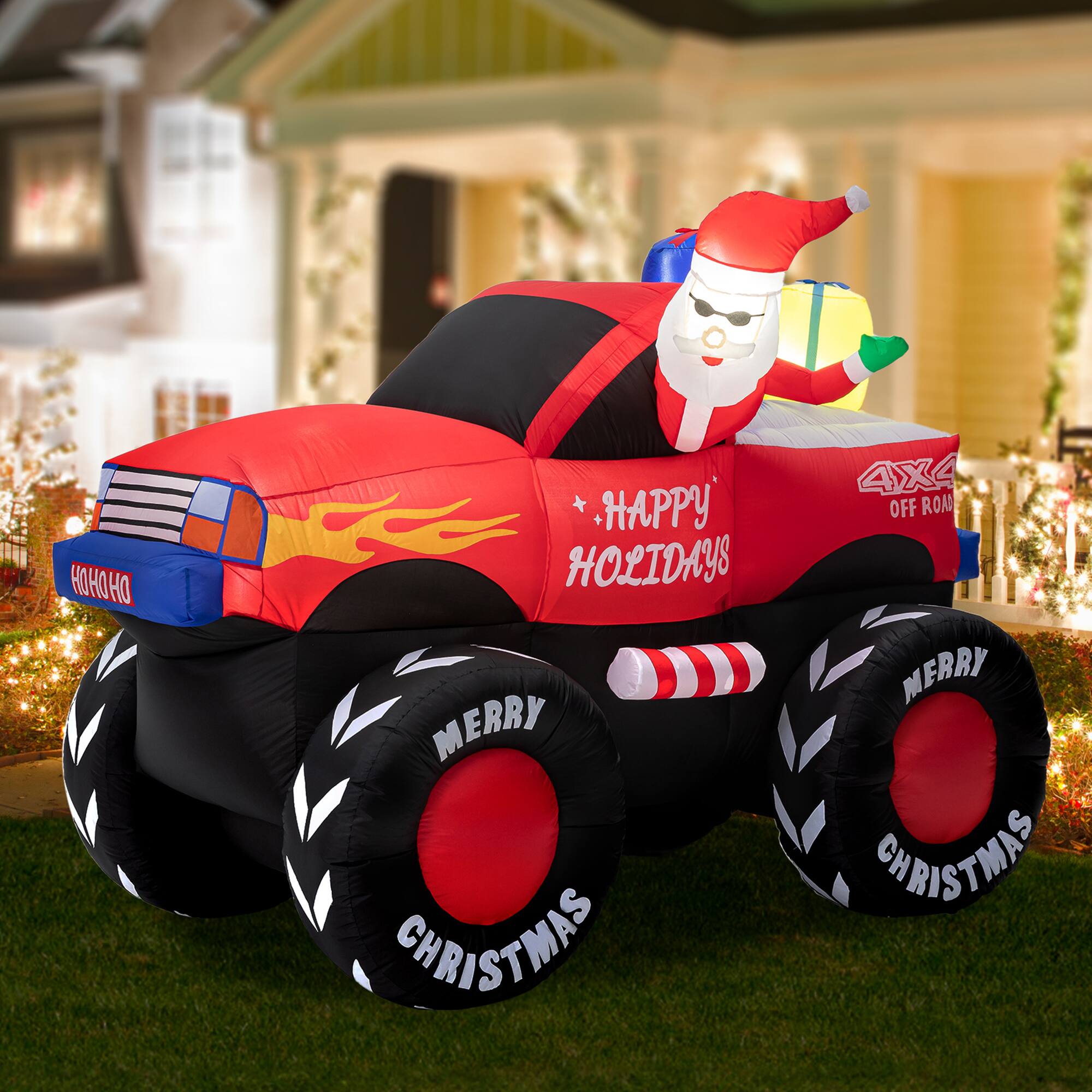 Glitzhome® 7ft. LED Lighted Santa Claus Pickup Truck Inflatable Décor